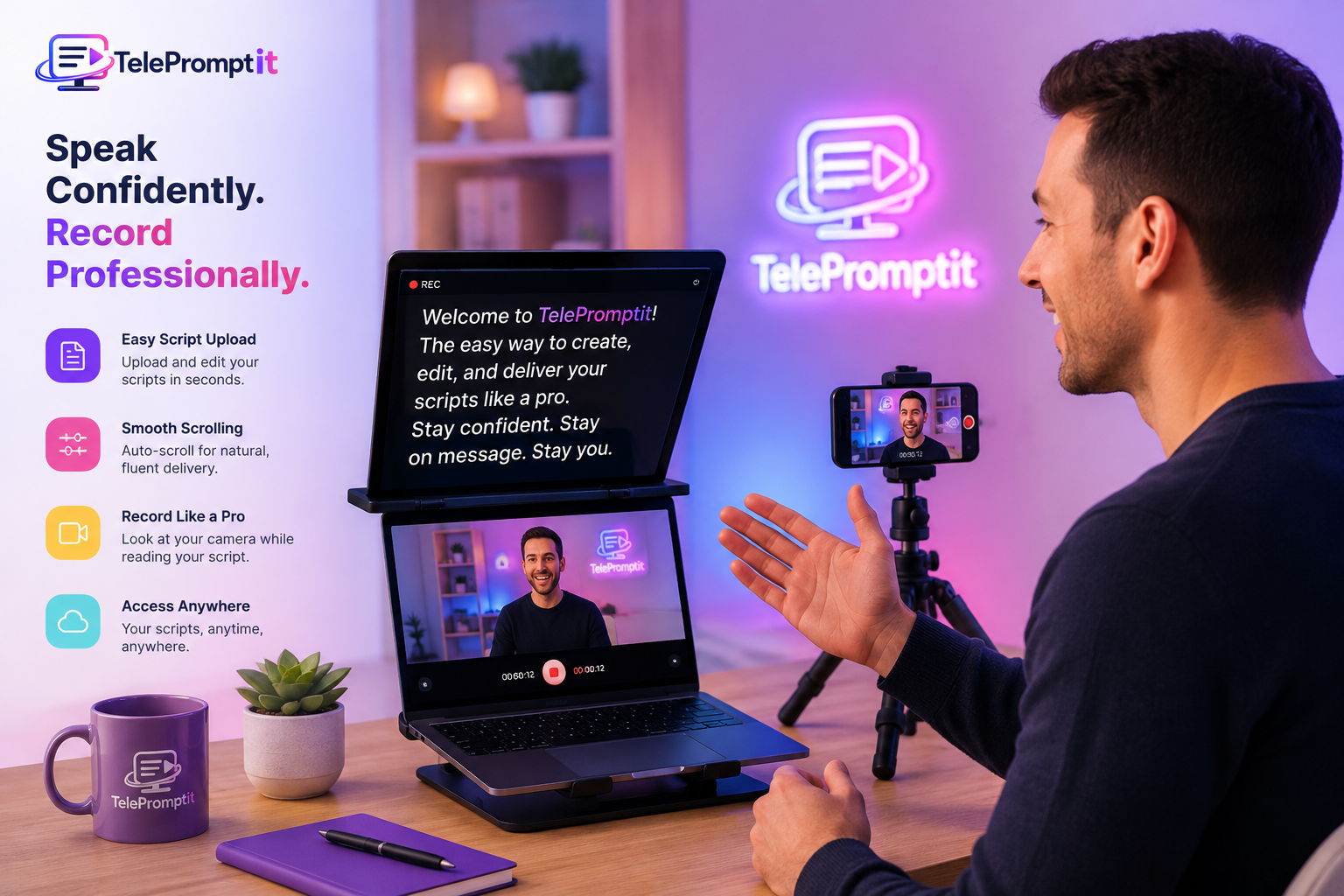 Person using TelePromptit online teleprompter at their desk